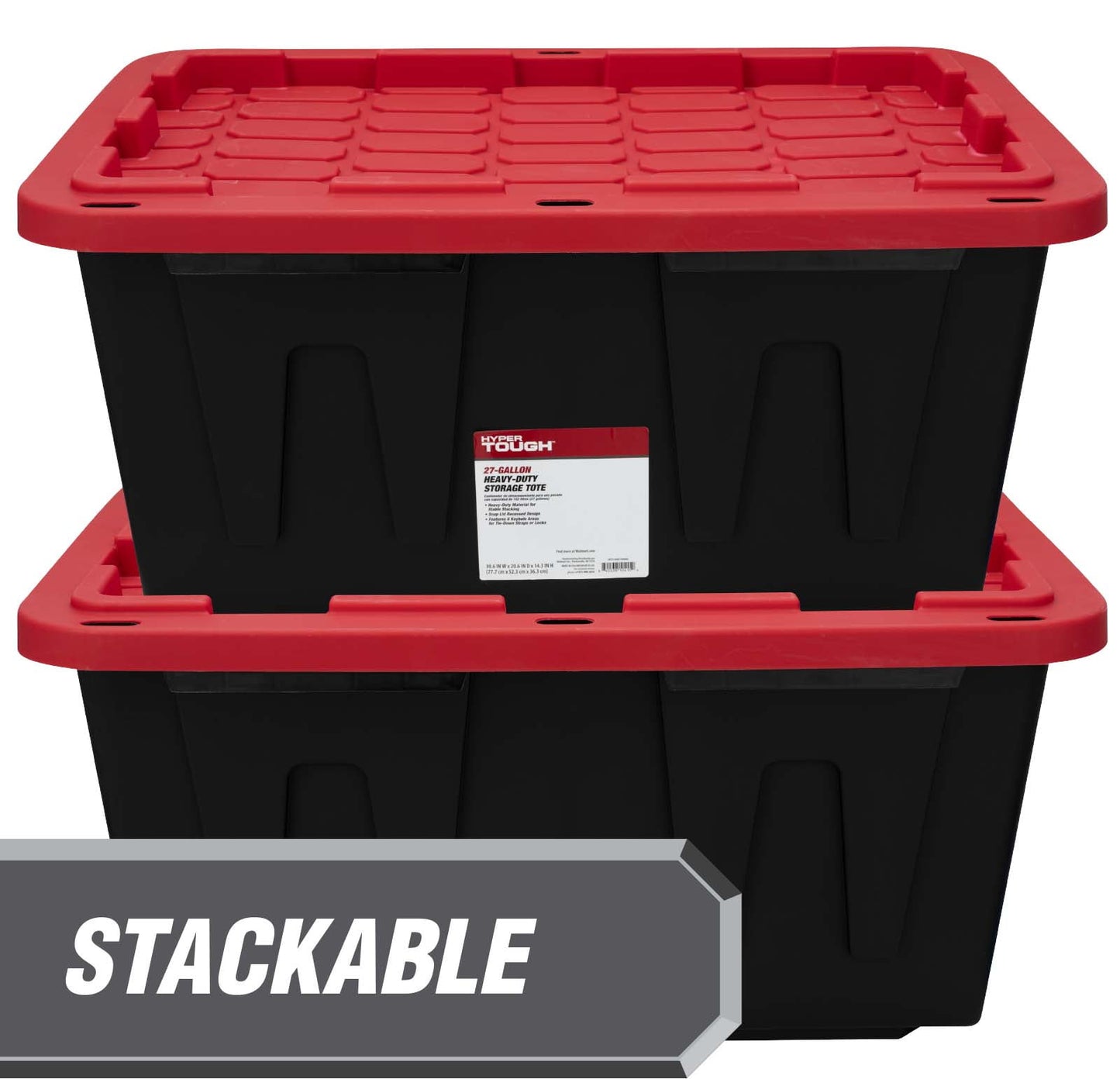 Large Storage Bin, 27 Gallon Plastic Storage Container with Snap-On Lid, Black and Red, Industrial