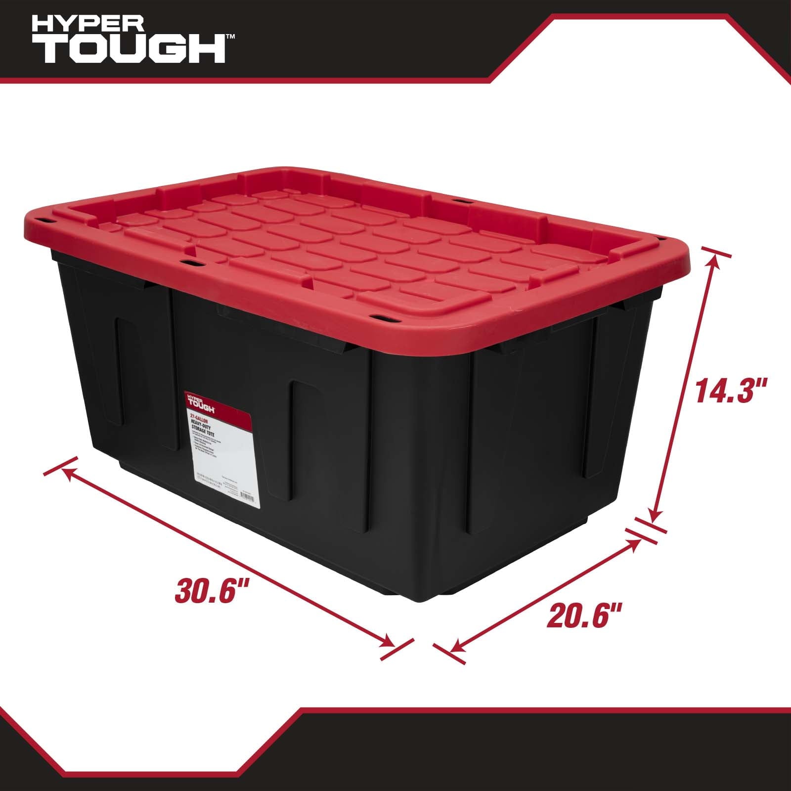Large Storage Bin, 27 Gallon Plastic Storage Container with Snap-On Lid, Black and Red, Industrial