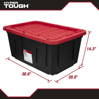 Large Storage Bin, 27 Gallon Plastic Storage Container with Snap-On Lid, Black and Red, Industrial