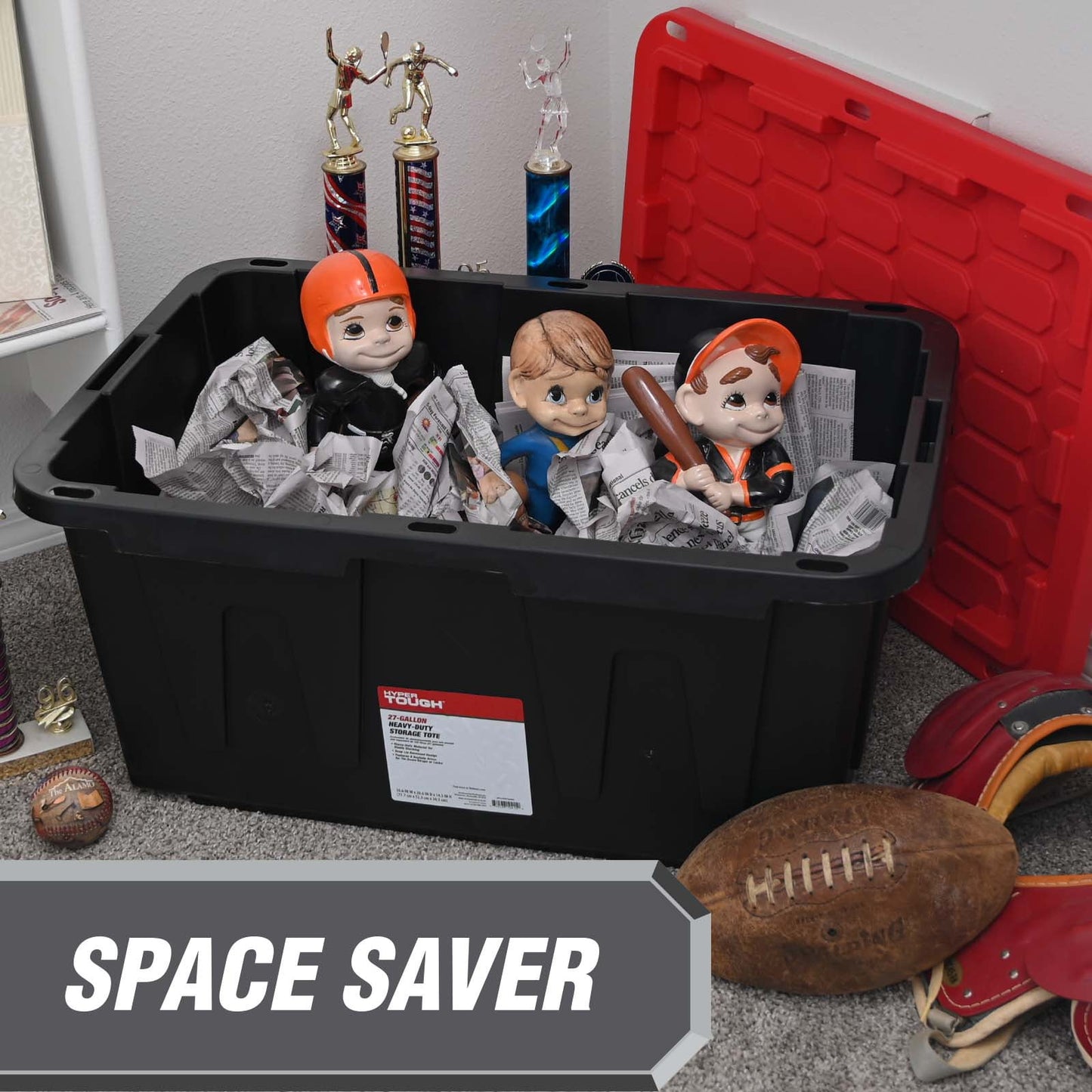 Large Storage Bin, 27 Gallon Plastic Storage Container with Snap-On Lid, Black and Red, Industrial