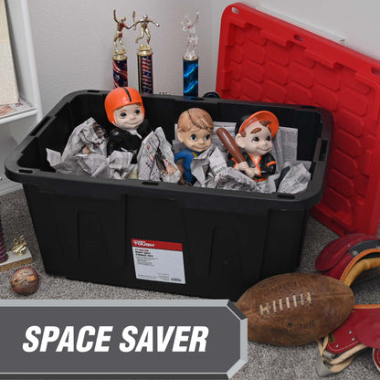 Large Storage Bin, 27 Gallon Plastic Storage Container with Snap-On Lid, Black and Red, Industrial