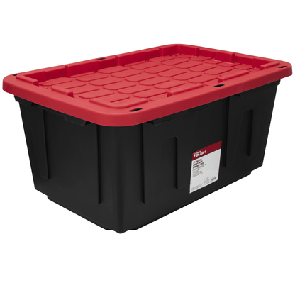 Large Storage Bin, 27 Gallon Plastic Storage Container with Snap-On Lid, Black and Red, Industrial
