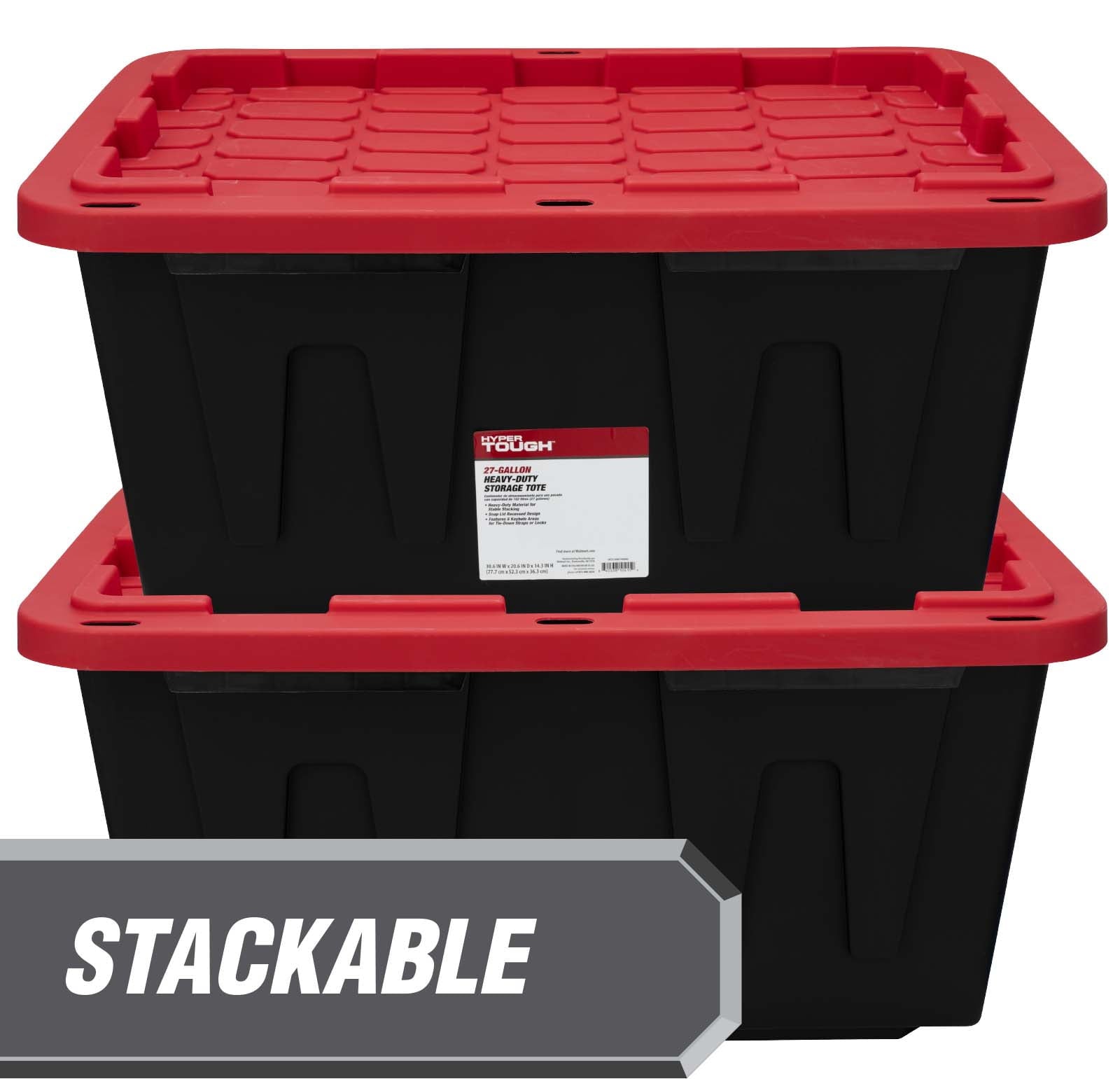 Large Storage Bin, 27 Gallon Plastic Storage Container with Snap-On Lid, Black and Red, Industrial